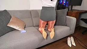 love her shiny pantyhose feet legs butt