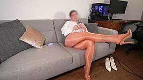 love her shiny pantyhose feet legs butt