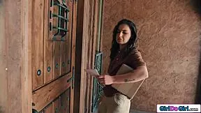 ohh god, my babe courier got her pussy strapon pounded by that horny latina lesbian client so deep n rough!!