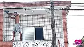 whoa builder unloads deep anal creampie on balcony her ass gapin no pussy touch