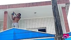 whoa builder unloads deep anal creampie on balcony her ass gapin no pussy touch