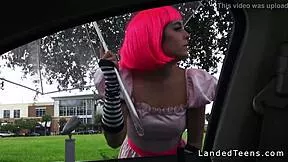 wanna see costumed teen hitchhiker get banged by huge cock outdoors?
