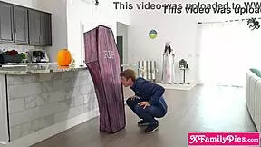 Latina stepsis hides in Halloween coffin for taboo stepbro surprise fuck.