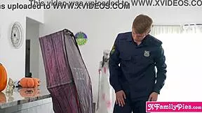 Latina stepsis hides in Halloween coffin for taboo stepbro surprise fuck.