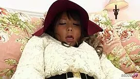 beautiful tanned japanese teen orgasms hard solo with dildo vibrator on hairy tight pussy
