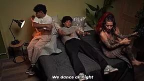 Redhead Latina big tits bisexuals kiss and fuck skinny asses in bedroom after party.