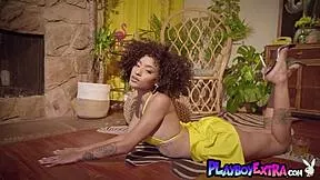 smoking busty ebony bunny sunni unveils pierced nipples juicy dark pussy striptease