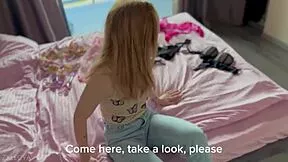 blonde babe tries on panties as i finger her shaved pussy on casting bed