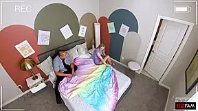 stepdad sneaks up and gets stepdaughter stroking his huge cock in secret
