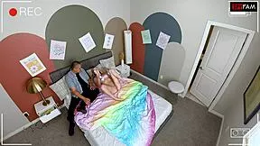 stepdad sneaks up and gets stepdaughter stroking his huge cock in secret