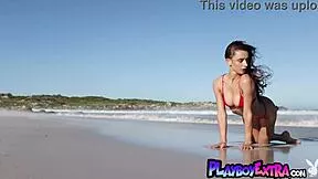 Glamorous all-natural Ukrainian teen Gloria Sol strips clothes ripped off posing nude on USA beach outdoor.