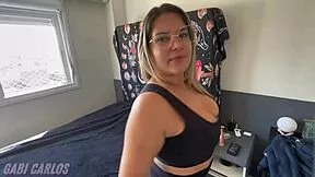 Tanned Brazilian blonde with huge tits and tan lines strips lingerie for bisexual bedroom cuckold fuck