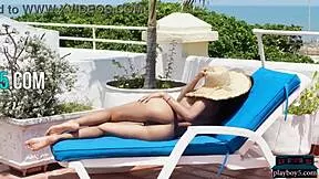petite latina katherinne sofia strips clothes slowly posing nude on sunny rooftop for erotic tease