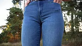 stepsis flaunts her plump cameltoe pussy lips bulging through tight blue jeans outdoors