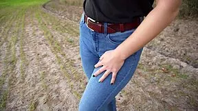 stepsis flaunts her plump cameltoe pussy lips bulging through tight blue jeans outdoors