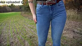 stepsis flaunts her plump cameltoe pussy lips bulging through tight blue jeans outdoors