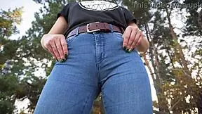 stepsis flaunts her plump cameltoe pussy lips bulging through tight blue jeans outdoors
