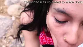 Petite cutie fucked hard in public river!