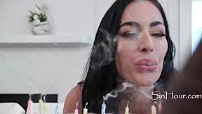 Birthday party flips to strap-on and cock double feast
