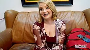 Curvy blonde coed astrid gives sloppy rimjob deepthroat ass worship cum swallow