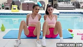 skinny teen stepsisters seduce stepcousin in yoga threesome