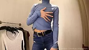 oh man sexy teen's tiny tits nipples peek thru slim blouses in public try-on haul...