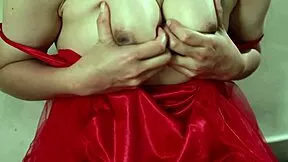 Indo girl in red satin uniform teases solo with wet pussy masturbation reveal