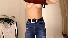 oh man sexy teen's tiny tits nipples peek thru slim blouses in public try-on haul...