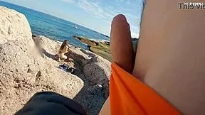 topless lady gets handjob surprise on beach from slut