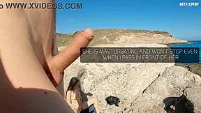 topless lady gets handjob surprise on beach from slut
