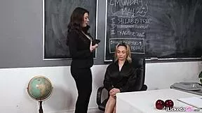 petite student spreads legs for busty milf teacher's hungry tongue on shaved pussy during hot lesbian 3some lesson