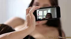 busty stepmom grinds teen pussy in latex