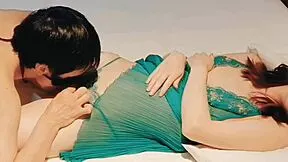 Cute wife in green sexy lingerie gets licked and fucked missionary till she cums hard homemade