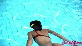Petite asian skinny ass plugged gaping poolside outdoors