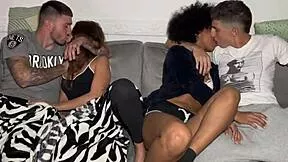 Best friend hammers my ebony wife's throat at wild interracial swinger orgy!