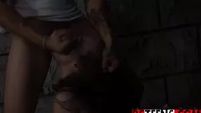 Bound desperate teen gags on monster cock deepthroat in filthy public alley