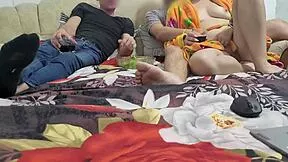 Wife and husband share passionate threesome pounding with lover's thick cock