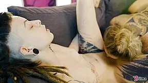 Tattooed goth straps on huge orange dildo to train shy petite teen's eager pussy relentlessly