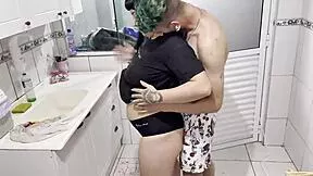 me and my buddy fuck his hairy pussy friend in the kitchen till i creampie her wet beaver deep brazilian slut style