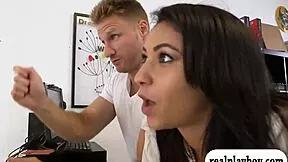 skinny blonde with glasses joins two guys for cash, taking turns pounding her tight holes