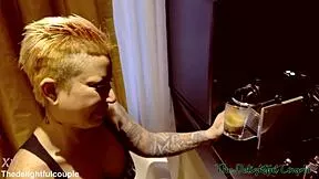 tattooed curvy ex-gf slurps cum coffee from my cock after bdsm domination play