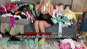 Big tits blonde extracts precum teases huge cock under towel handjob!