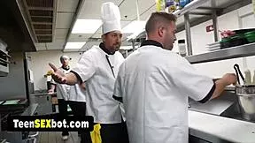 Cute 18+ waitress gangbanged bent over doggystyle by reality staff