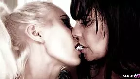 slim blonde lezdom teen gets roughly dominated bent over for big tits mature brunette's strapon doggystyle pounding with sloppy muff diving