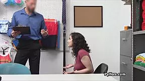 voyeur officer spies curly busty teen's fine shaved pussy then fucks her hardcore at work