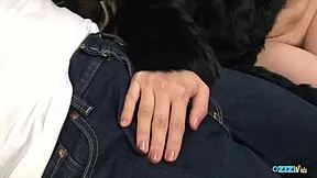 big natural tits bitch rubs swollen clit while slurping old man's deepthroat blowjob in heels