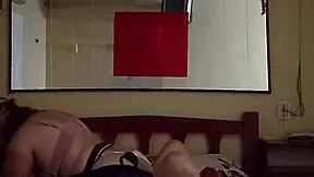 Overwhelmed by slutty wife's curvy body riding cowgirl on me in seedy motel bed with stockings