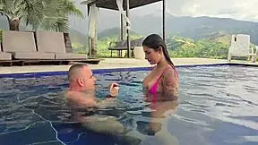 Salome Gil's big tits and ass tease before bending over poolside for rough doggystyle with pro photographer