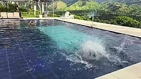 Salome Gil's big tits and ass tease before bending over poolside for rough doggystyle with pro photographer