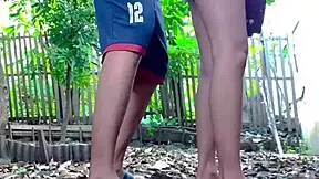 skinny asian neighbor wife orgasms bent over doggystyle in backyard garden